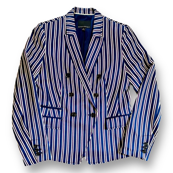 BANANA REPUBLIC Blue and White Stripe Double-Breasted Blazer - Picture 3 of 14